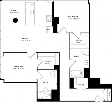 A floor plan of a home with a dining area, two bedrooms, a living room, two bathrooms, a storage area, and an entry point.